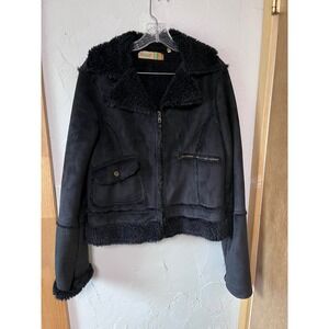 True Grit Black Faux Suede Sherpa Lined Zip Up Jacket Women's‎ Sz L